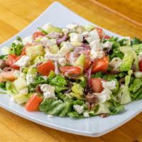 Greek Salad · Lettuce, tomatoes, cucumbers, feta cheese, olive oil, parsley, red onions topped with greek ...