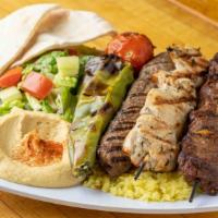 Combo Plate · Grilled chicken, Kofte, beef, salad, hummus, rice or fries, grilled tomato, california chili...