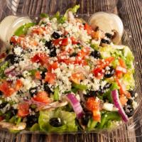 Green Mix Salad · Romaine lettuce, fresh tomato, green peppers, black olives, onions, and mozzarella cheese.