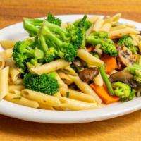 Primavera · Penne pasta with seasonal vegetables sautéed with garlic and oil.