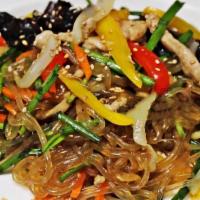 Japchae/잡채/杂菜 · Made by mixing boiled sweet potato noodles, stir-fried vegetables, mushrooms and meat in soy...