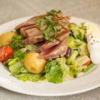 Ahi Nicoise · rare seared ahi, green beans, tomato, nicoise olives, potatoes, romaine lettuce, capers, egg...