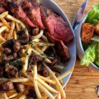 Steak & Fries · grilled ﬂank steak, sautéed mushrooms, skinny fry, side caesar