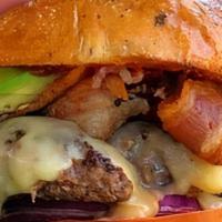 Hog & Heffers · organic grass fed beef patty, edam cheese, avocado, bacon, brioche bun