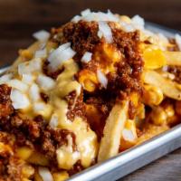 Chili Fries · Beef chili, cheese sauce, onions.