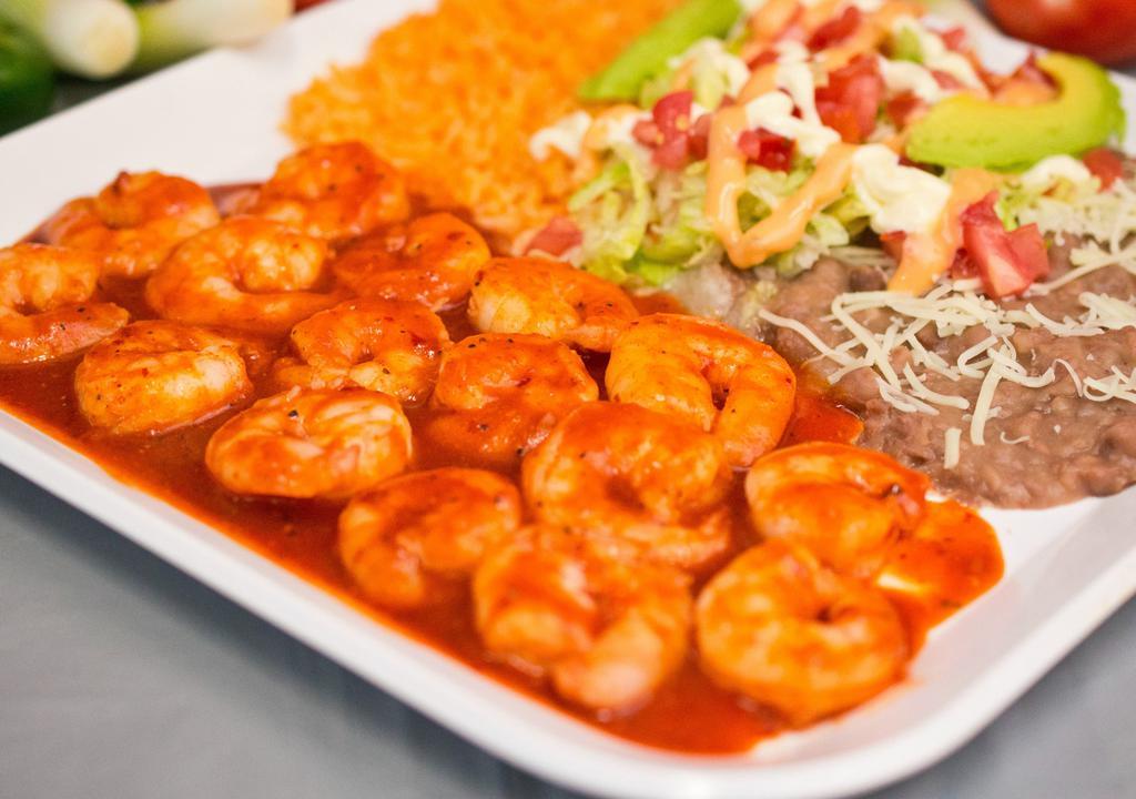 Shrimp In Diablo Sauce · Served with rice, refried beans, pico de gallo, sour cream, and tortillas.
