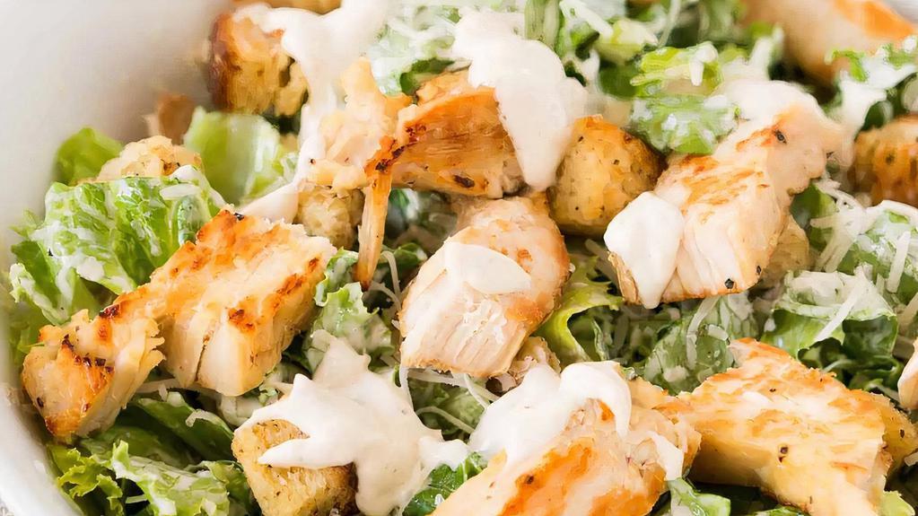 Chicken Ceasar Salad (Small) · Romain lettuce, Romano cheese, Italian seasoned croutons, ceasar dressing, and topped with a freshly grilled chicken breast.