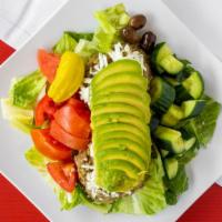 Rockin' Lentil · Vegetarian. Garden salad topped with lentil salad, feta cheese, sliced avocado, and Greek dr...