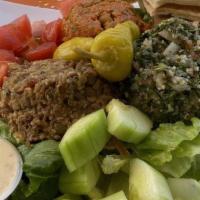 The Vegan Trio · Vegan. Garden salad topped with tabbouleh, eech, lentil salad, and Greek dressing.