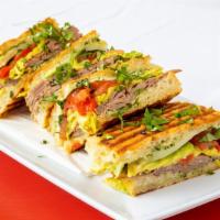 The Great Panini · Roast beef, roasted red peppers, avocado, tomato, provolone cheese, peperoncini, and pesto s...