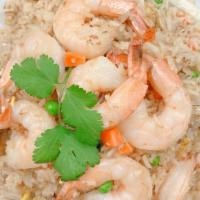 Shrimp Fried Rice · Fried rice with onions, eggs, peas, carrots, and shrimps.