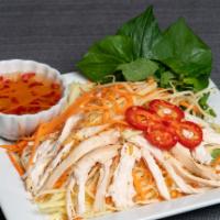 Green Papaya Salad (Yurm L’Hong) · Shredded green papaya tossed with our house special sweet & sour fish sauce and garnished wi...