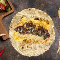 Asada & Cheese Burrito · Two scrambled eggs, carne asada, American cheese, hashbrown and your choice of salsa wrapped...