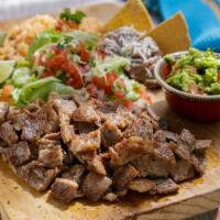 Regular Plate · Choice of meat served with rice, beans, guacamole, pico de gallo, and lettuce. ( 4 corn tort...
