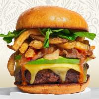 Everything Must Go Burger · Plant-based Beyond Meat patty grilled and topped with your choice of fries, avocado, caramel...
