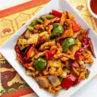Kung Pao Chicken · Chicken with green and red bell pepper, white and green onion, and dry chilis cooked in spic...