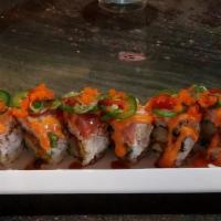 Eileen Supreme Roll · Outside: spicy tuna, yellowtail. Inside: avocado, cucumber, deep fried soft shell crab, spic...