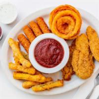 Sampler Platter · Chicken strips, fried zucchini, onion rings, and mozzarella sticks with dipping sauces.