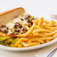 Philly Cheesesteak · Rib eye with onion, bell peppers and Swiss cheese