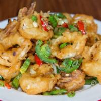 Fried Calamari · Spicy. Roasted peppers and salt, jalapenos, and scallions.