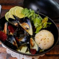 Steamed Salt Springs Black Mussels · Violently steamed in coconut milk, with house-made green curry, lap cheong sausage, coriande...