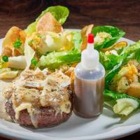 Truffle Burger Salad · bourbon steak burger patty, gem lettuce, parmesan cheese, garlic streusel, fresh chives, bla...