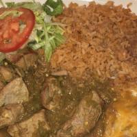 Two Chile Verde Enchiladas · Two cheese enchiladas topped with our chile verde sauce and meat.