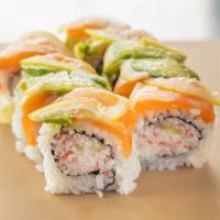 Lemon Roll · Salmon ,avocado , and lemon slices with crab and cucumber inside and ponzu sace