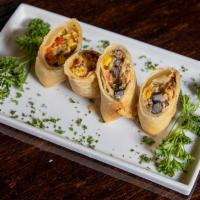 Southwest Rolls · Smoked chicken, black beans, corn, jalapeño jack cheese, red peppers & spinach wrapped in a ...