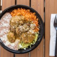 Chile Verde Bowl  · Chile verde (pork) rice and beans, salad, pico de gallo and cheese.