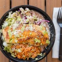Fish  Bowl · Grilled fish, rice and beans, salad, pico de gallo and cheese.