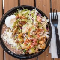 Shrimp Bowl · Grilled shrimp, rice and beans, salad, pico de gallo and cheese.