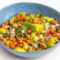 Grain Bowl · Farro, barley, bell peppers, spicy crispy chickpeas, kale, crispy brussels sprouts, cucumber...