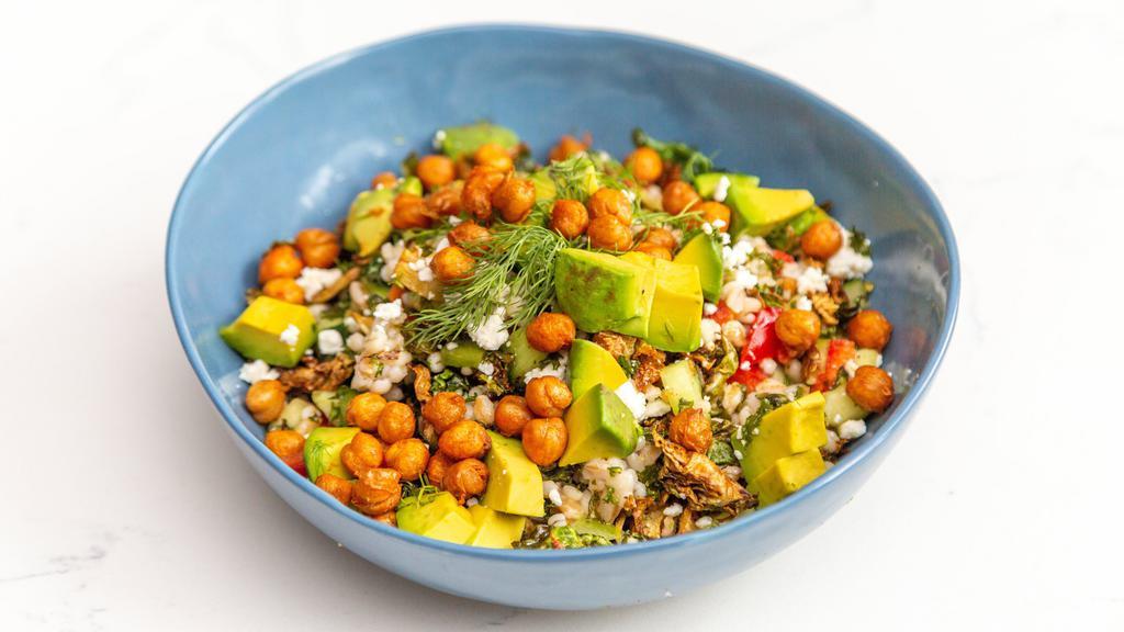 Grain Bowl · Farro, barley, bell peppers, spicy crispy chickpeas, kale, crispy brussels sprouts, cucumber, feta cheese, avocado.