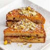 Pistachio French Toast · stuffed whit melted oaxaca  cheese 
 coconut syrup