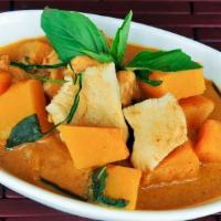 Pumpkin Curry · Hot, vegetarian, gluten-free. Pumpkin chunks, bell pepper, onions and basil in red curry sau...