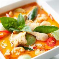 Red Curry · Hot, vegetarian, gluten-free. Choice of veggie or meat with Red curry sauce, eggplants, bamb...