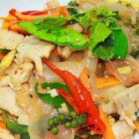 Pad Khee Mao (Drunken Noodles) · Choice of veggie or meat with Wide noodles, broccoli, bell pepper, carrots, cabbage and basil.