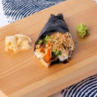 Salmon Skin Hand Roll · Crispy salmon skin with sushi rice, wrapped in nori.
