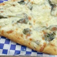 Slice White Pizza · White Alfredo sauce pizza with Parmesan Romano and spinach with grande mozzarella cheese.