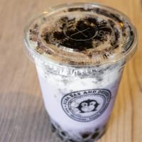 Taro Oreo Milk Tea With Scc · Taro milk tea with crushed Oreos, topped with Salted Cream Cheese for extra creaminess.