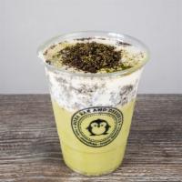 Matcha Oreo Milk Tea W/ Scc · Matcha milk tea with crushed Oreos, topped with Salted Cream Cheese for extra creaminess.