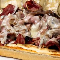 Pastrami Cheesesteak · shaved pastrami, caramelized red onion, pickles, gruyere, dijon mayonnaise, hoagie roll