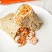 Shrimp Burrito · Grilled Shrimp + rice + cabbage + tartar sauce + pico de gallo.