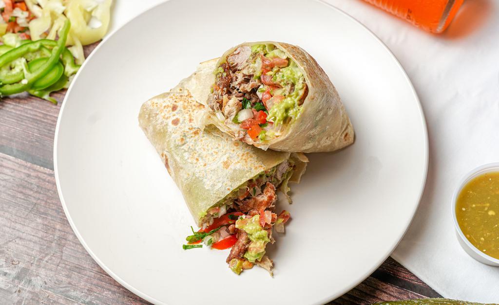 Carnitas Burrito · Meat, guacamole(comes with tomato), and pico de gallo.