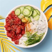 Mango Yuzu Bowl · Your choice of protein with scallions, kani salad, mango, cilantro, sesame seeds, crispy oni...