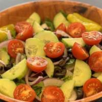 Garden Salad · Lettuce, tomato, cucumber, pepperoncini, onion, and black olives.