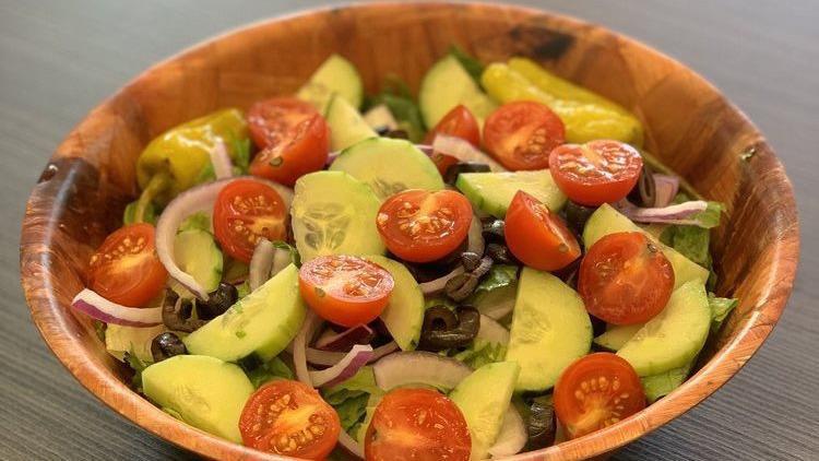 Garden Salad · Lettuce, tomato, cucumber, pepperoncini, onion, and black olives.