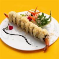 Crunchy Shrimp Roll · IN: tempura shrimp, krab, avocado, cucumber
TOP: tempura crunch, eel sauce