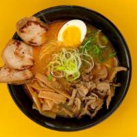 High Noon Ramen · spicy chicken broth // topped with chicken chashu, 1/2 ramen egg, bamboo shoots, shiitake mu...